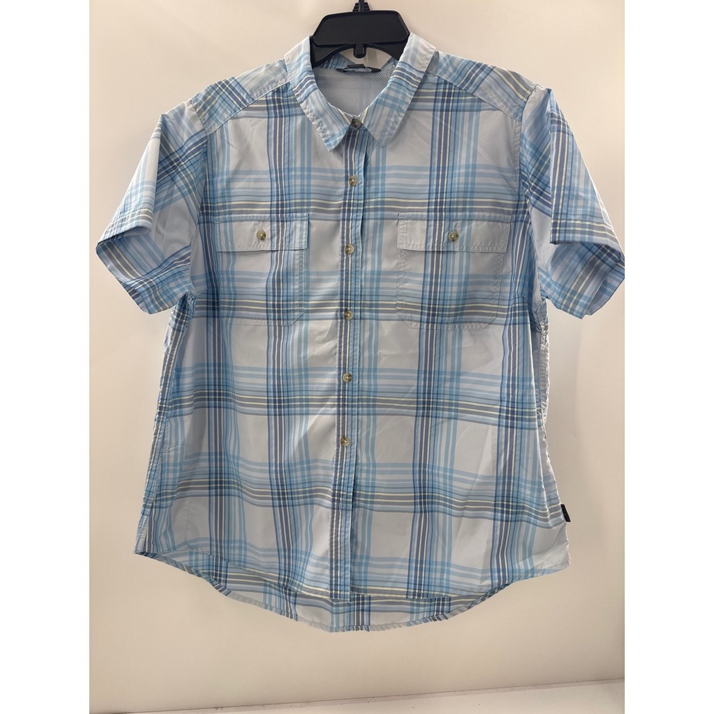 Eddie Bauer Womens XL Blue Plaid Short Sleeve Hiking Shirt Mesh Back Vent